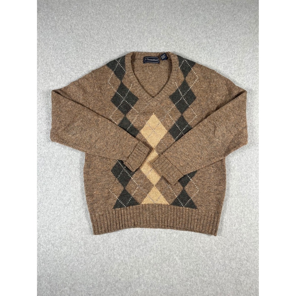 VTG F. Troonebury Mens Brown Argyle Shetland Wool V-Neck Sweater Size Large